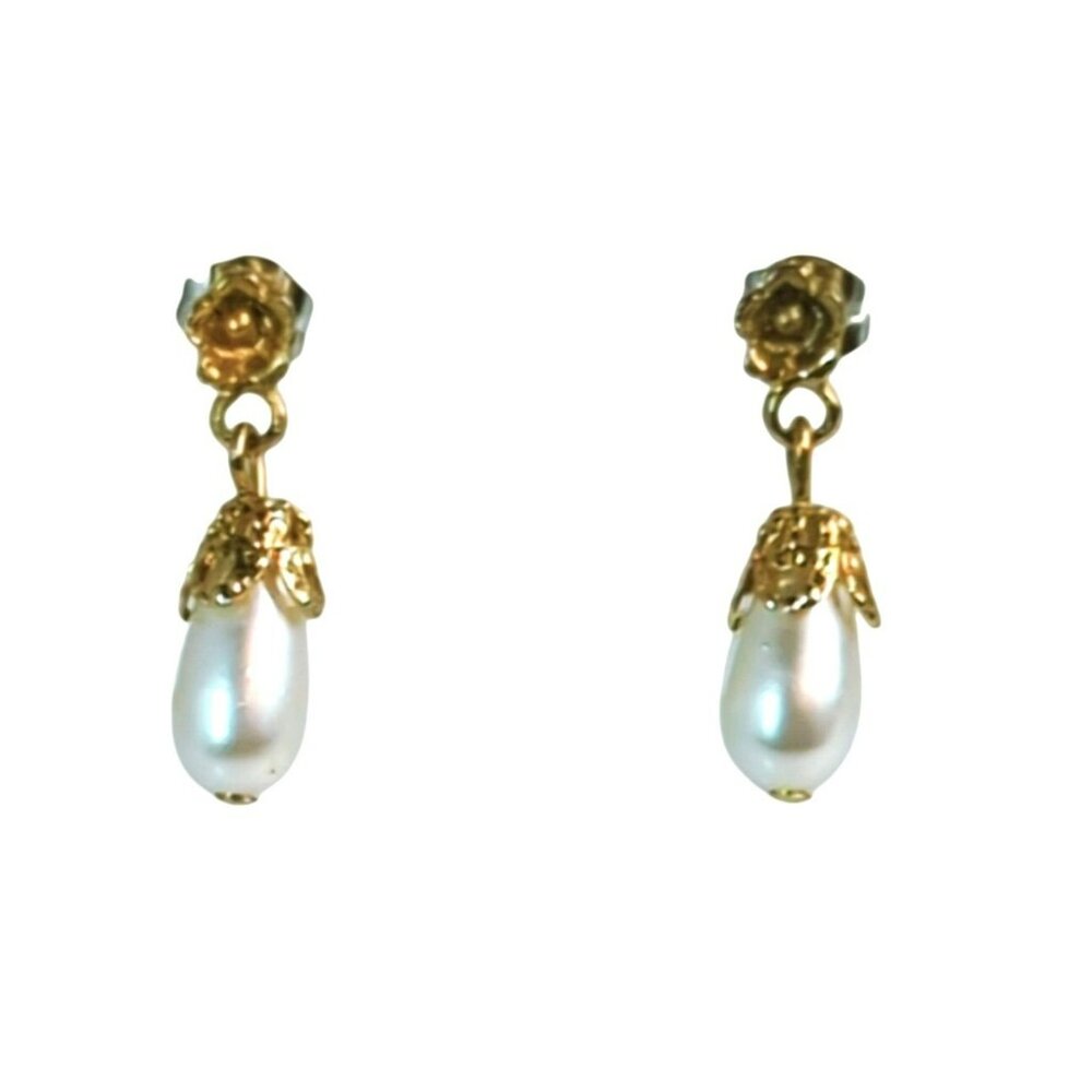Vintage Gold-Tone Faux Pearl Drop Earrings With Delicate Floral Design